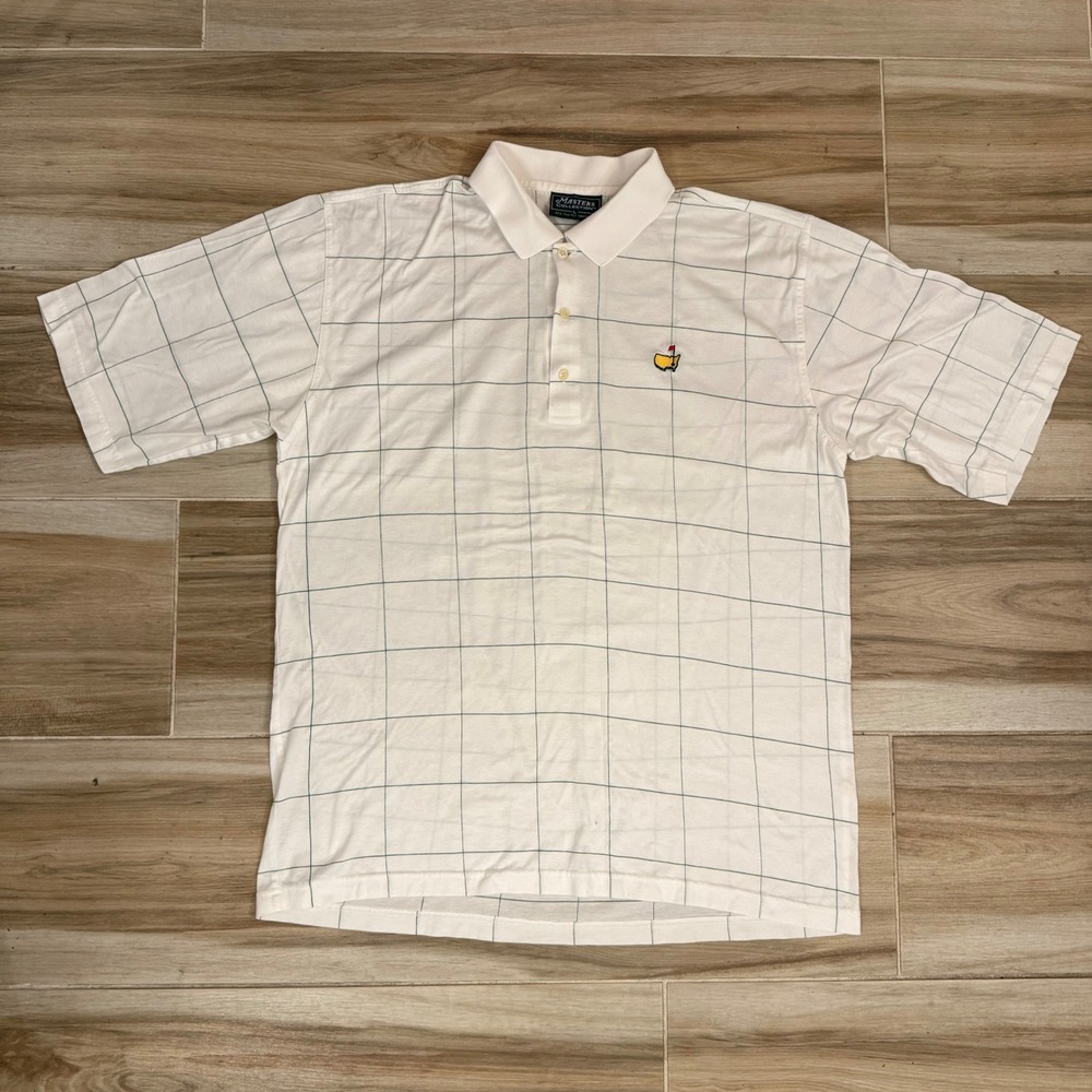 VTG Masters Collection Golf Polo Shirt Men L White Green Windowpane Grid Script